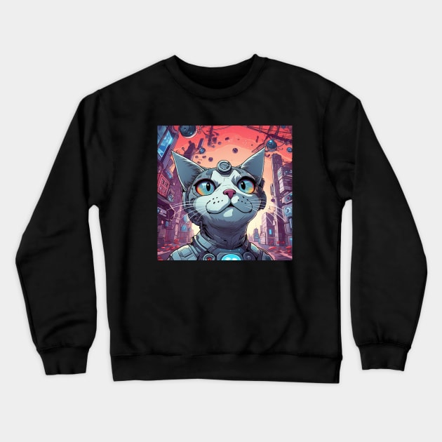 Futuristic Cyber Cat Crewneck Sweatshirt by FrogandFog